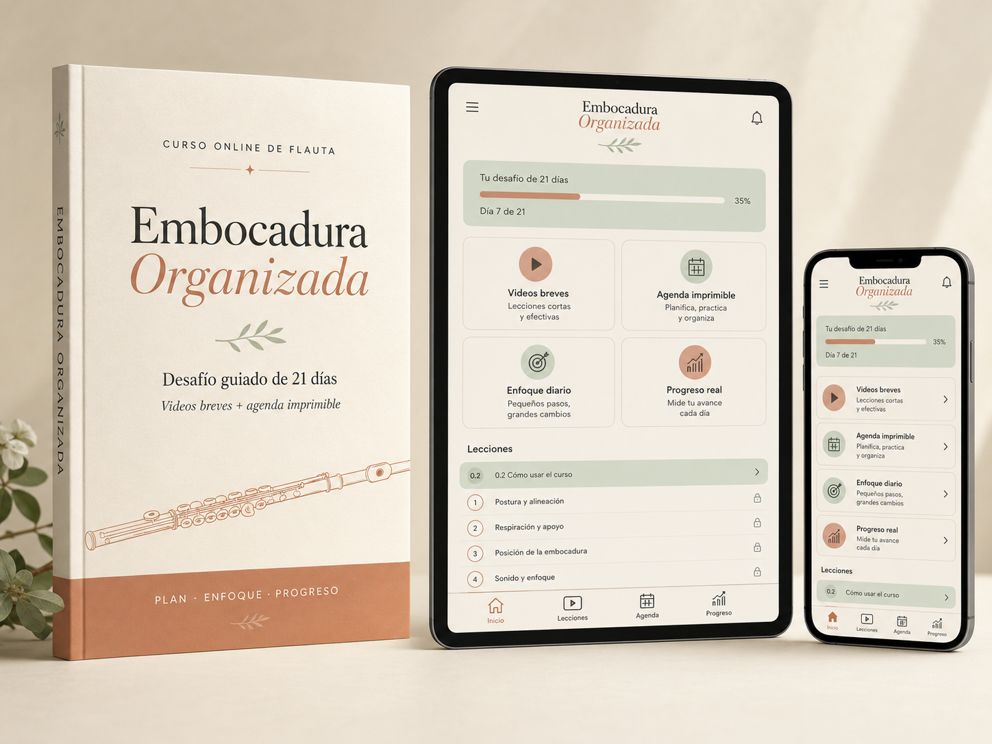 Mockup del producto completo Embocadura Organizada con libro, tablet y celular